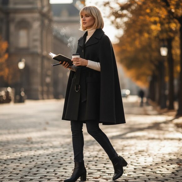 Michael Kors Black Wool Blend Designer Trench Belted Cape Size Large - Picture 14 of 14